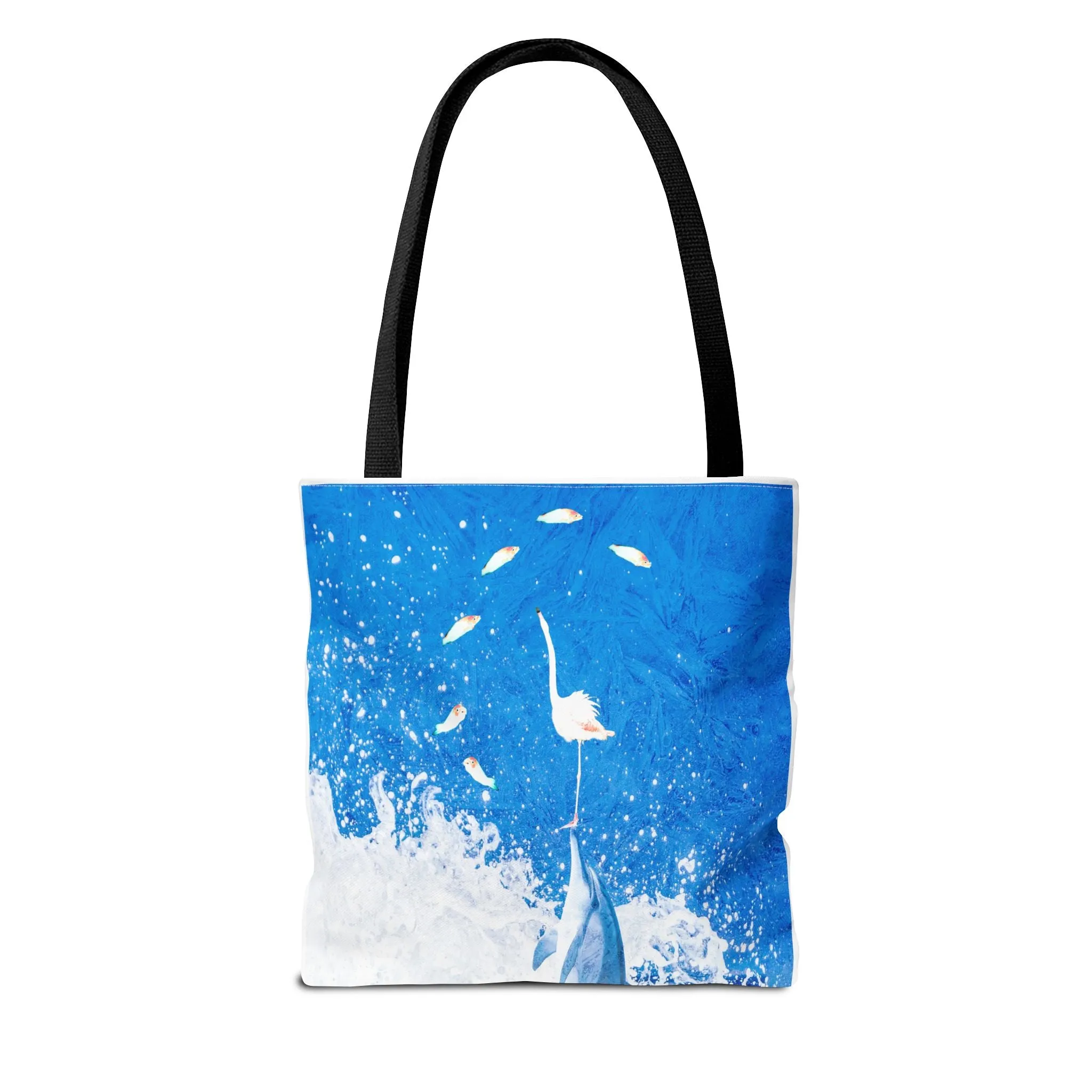 Finn & Feathers Tote Bag, dolphin, flamingo, fish, water sports, blue, white, pool, lake, beach, ocean, airbnb