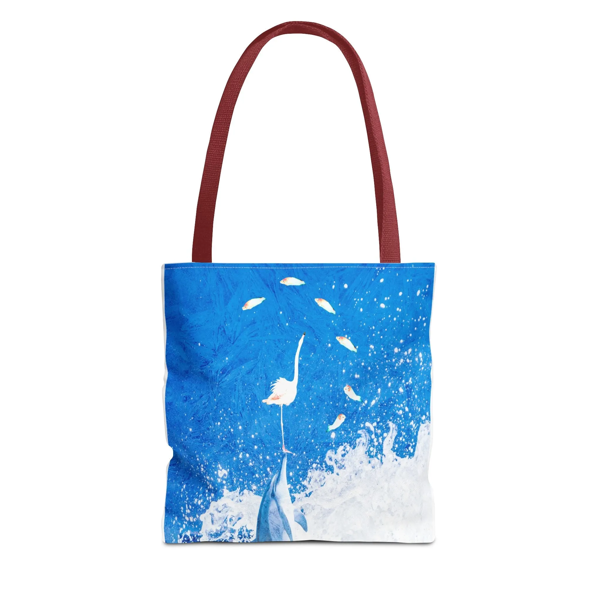 Finn & Feathers Tote Bag, dolphin, flamingo, fish, water sports, blue, white, pool, lake, beach, ocean, airbnb