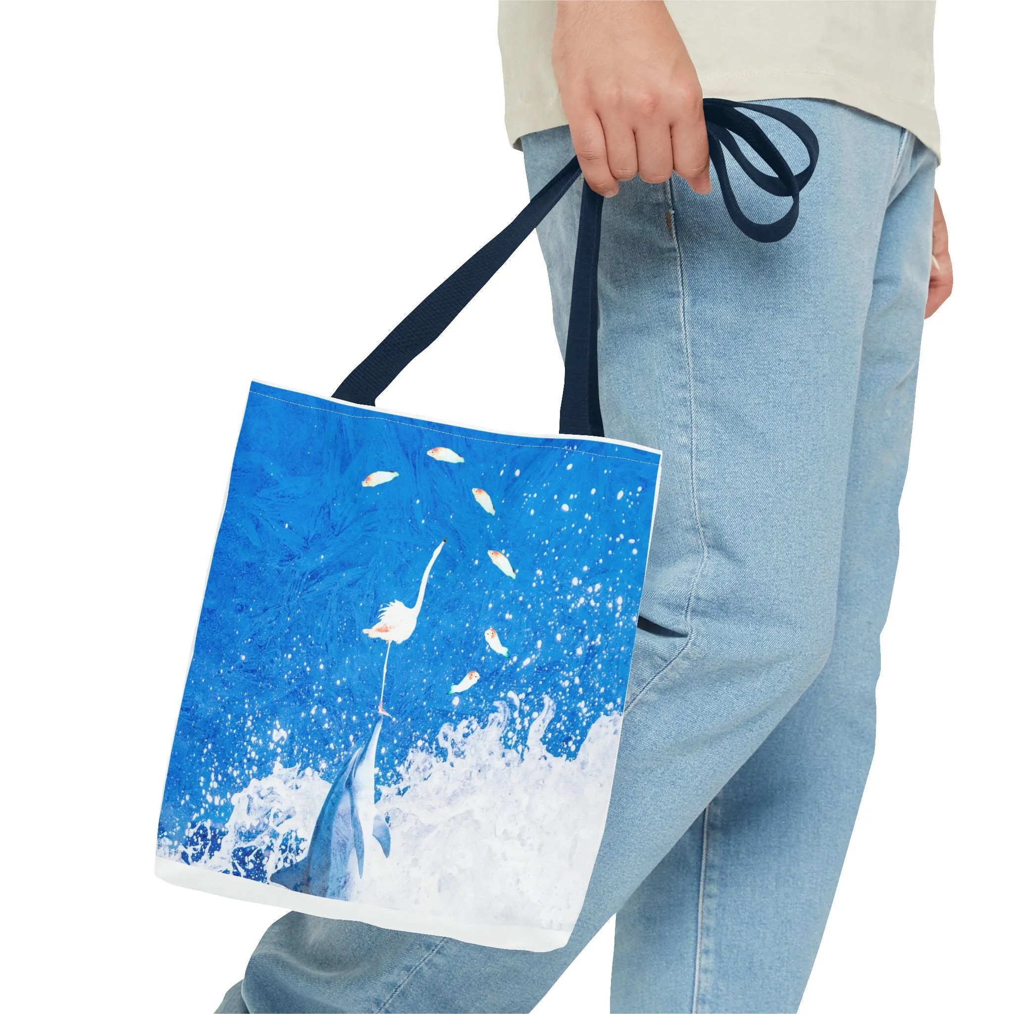 Finn & Feathers Tote Bag, dolphin, flamingo, fish, water sports, blue, white, pool, lake, beach, ocean, airbnb