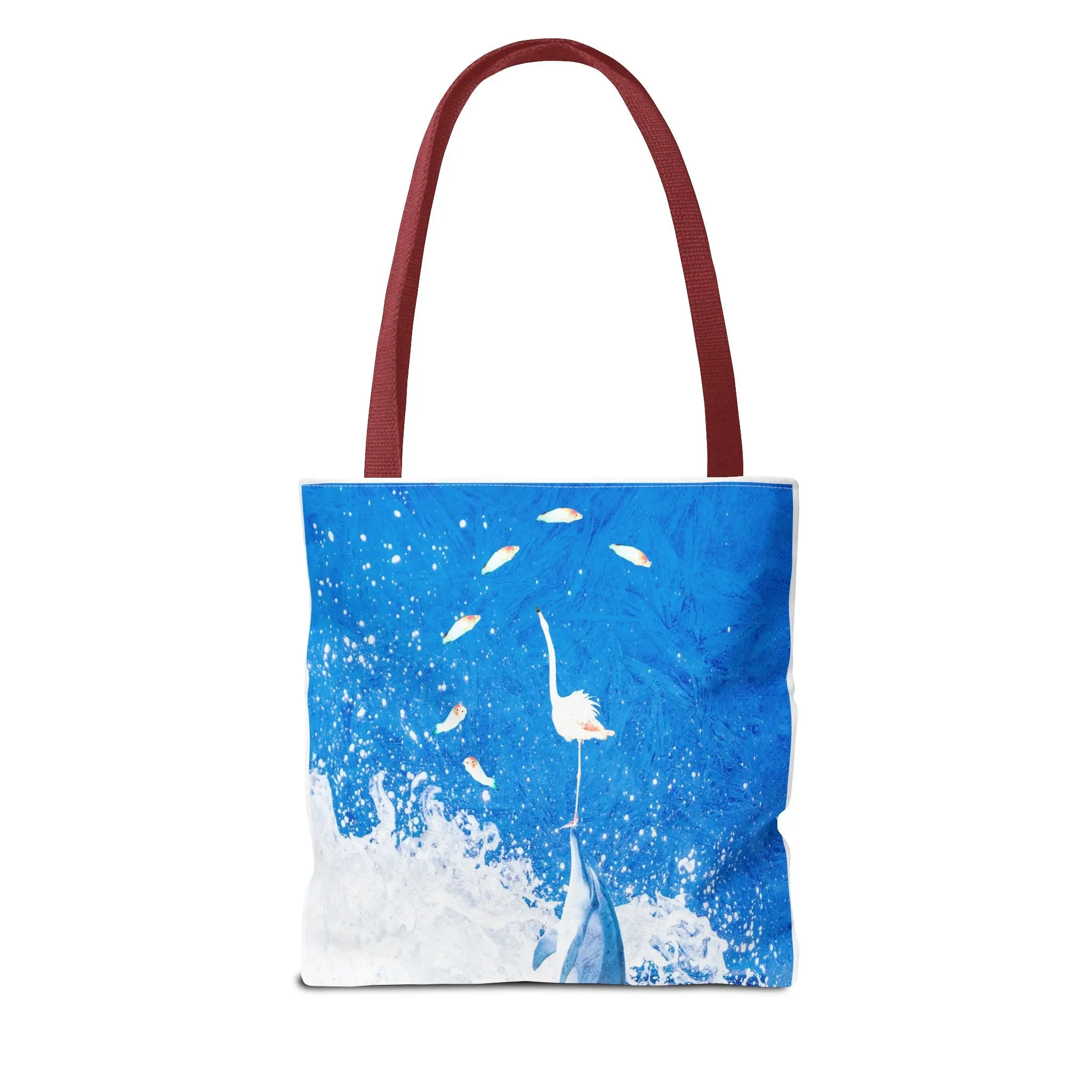 Finn & Feathers Tote Bag, dolphin, flamingo, fish, water sports, blue, white, pool, lake, beach, ocean, airbnb