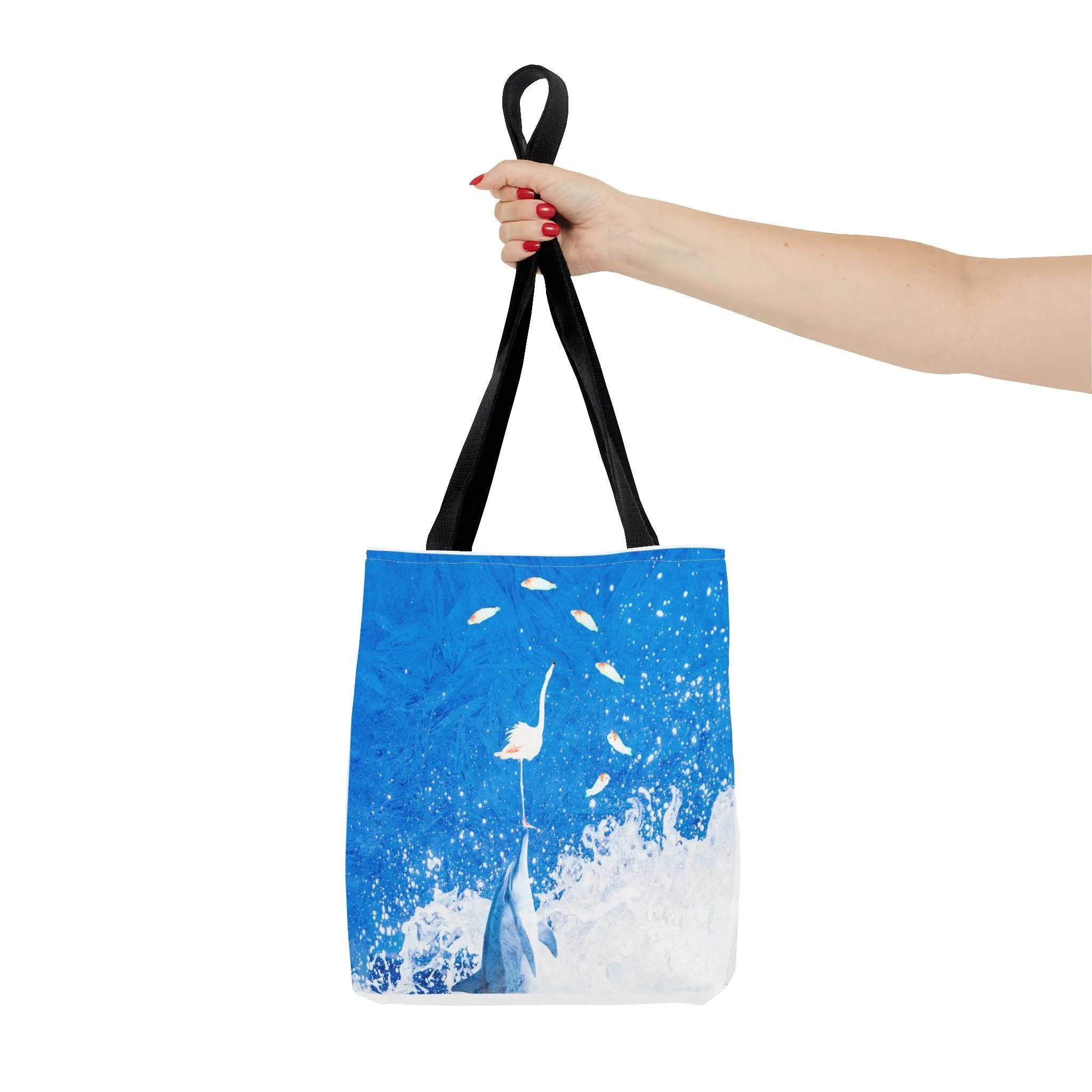 Finn & Feathers Tote Bag, dolphin, flamingo, fish, water sports, blue, white, pool, lake, beach, ocean, airbnb