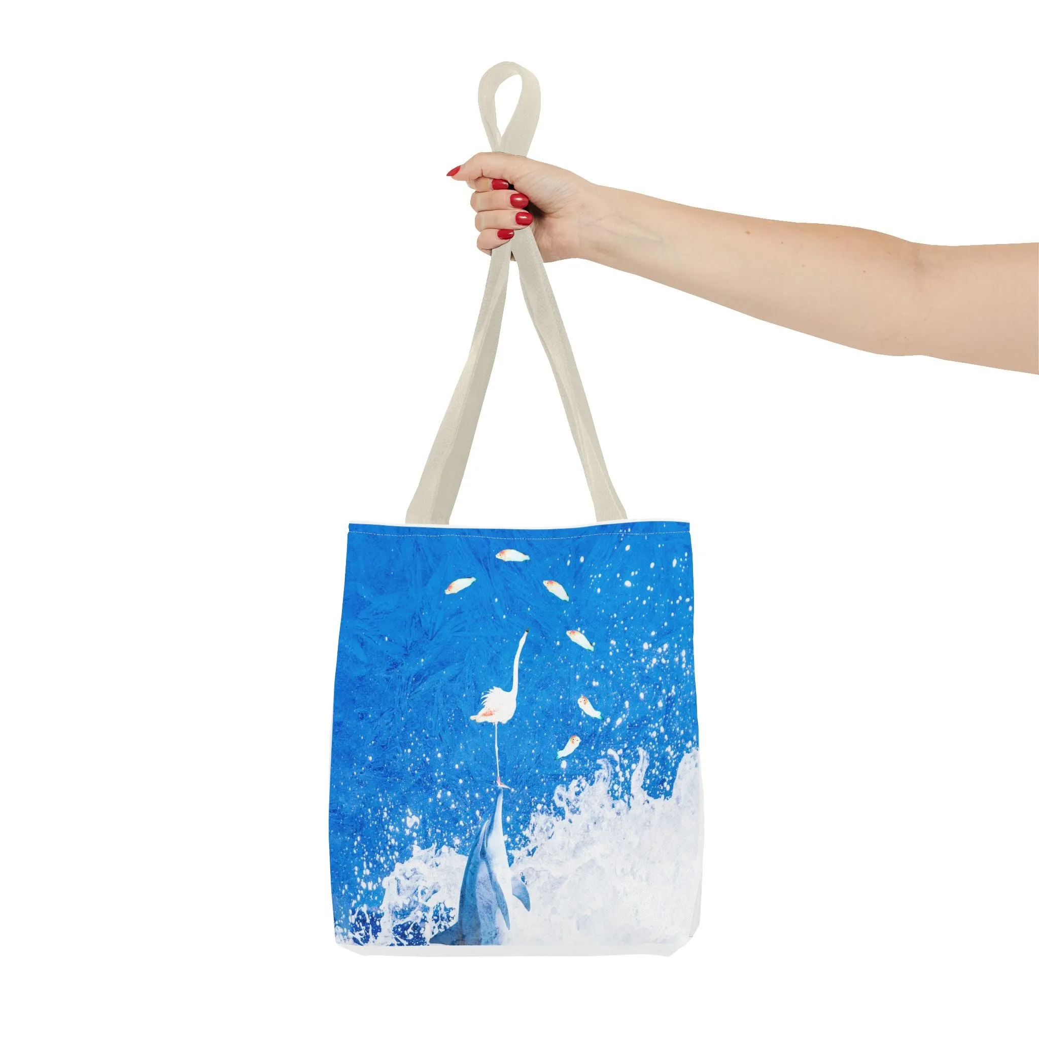 Finn & Feathers Tote Bag, dolphin, flamingo, fish, water sports, blue, white, pool, lake, beach, ocean, airbnb