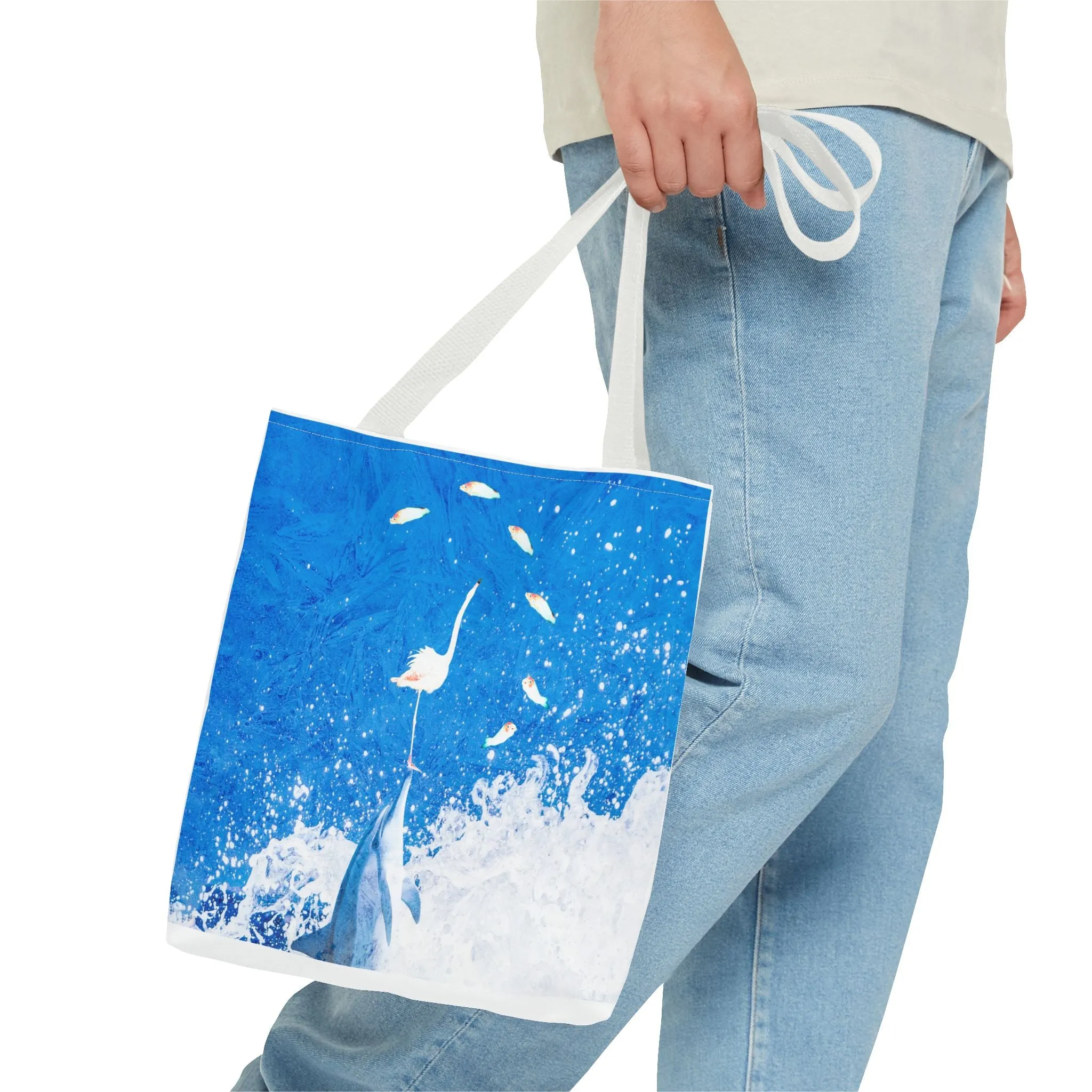 Finn & Feathers Tote Bag, dolphin, flamingo, fish, water sports, blue, white, pool, lake, beach, ocean, airbnb