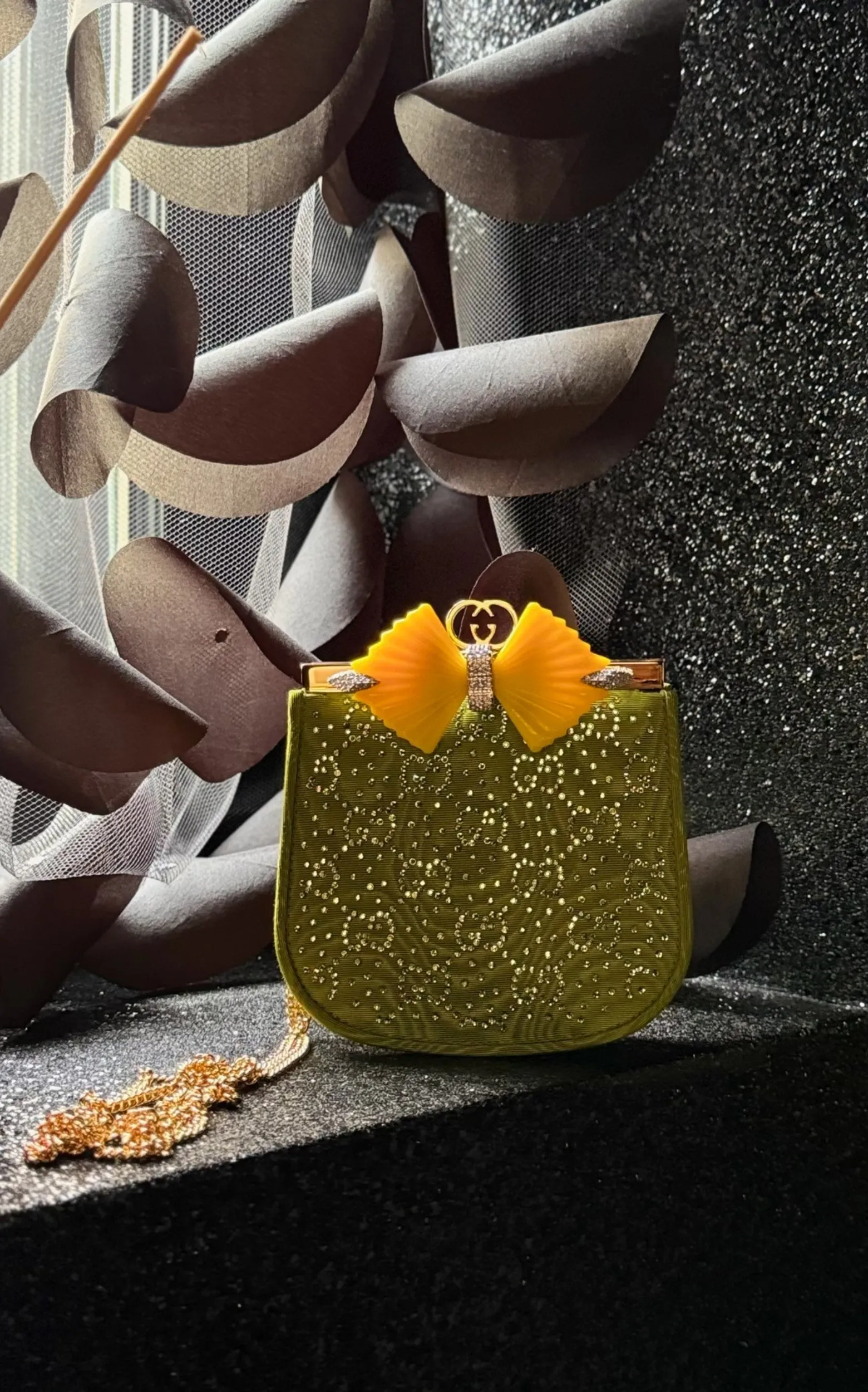 GG Moire Fabric Handbag with Bow and Crystals