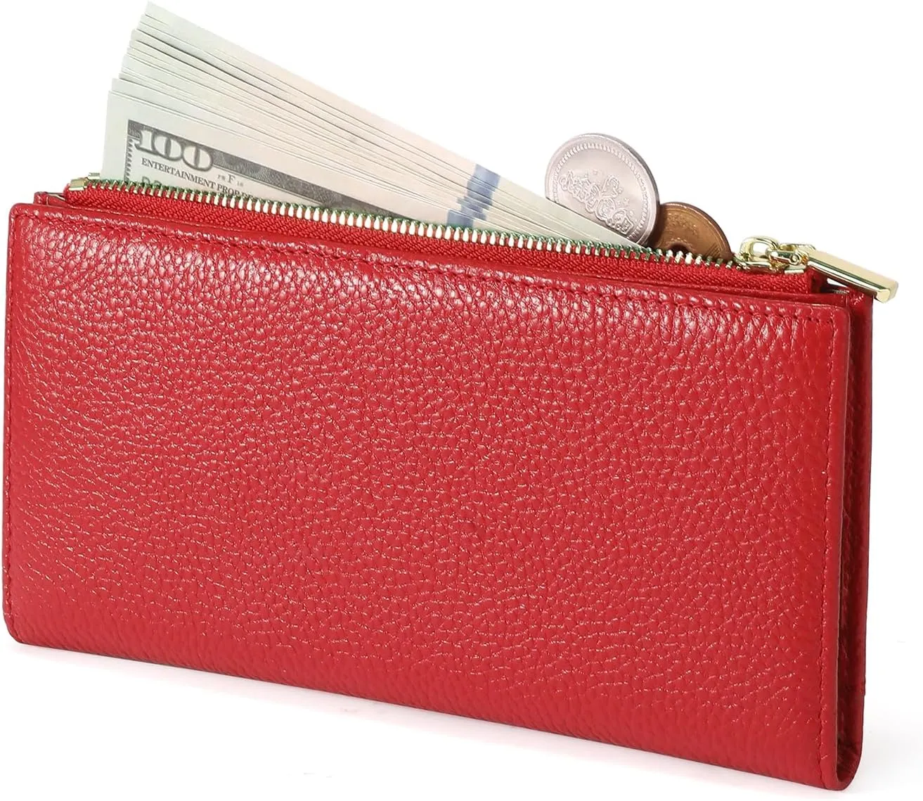 GOIACII Slim Wallet for Women Rfid Blocking Credit Card Holder with Zip Pocket Bifold Leather Red