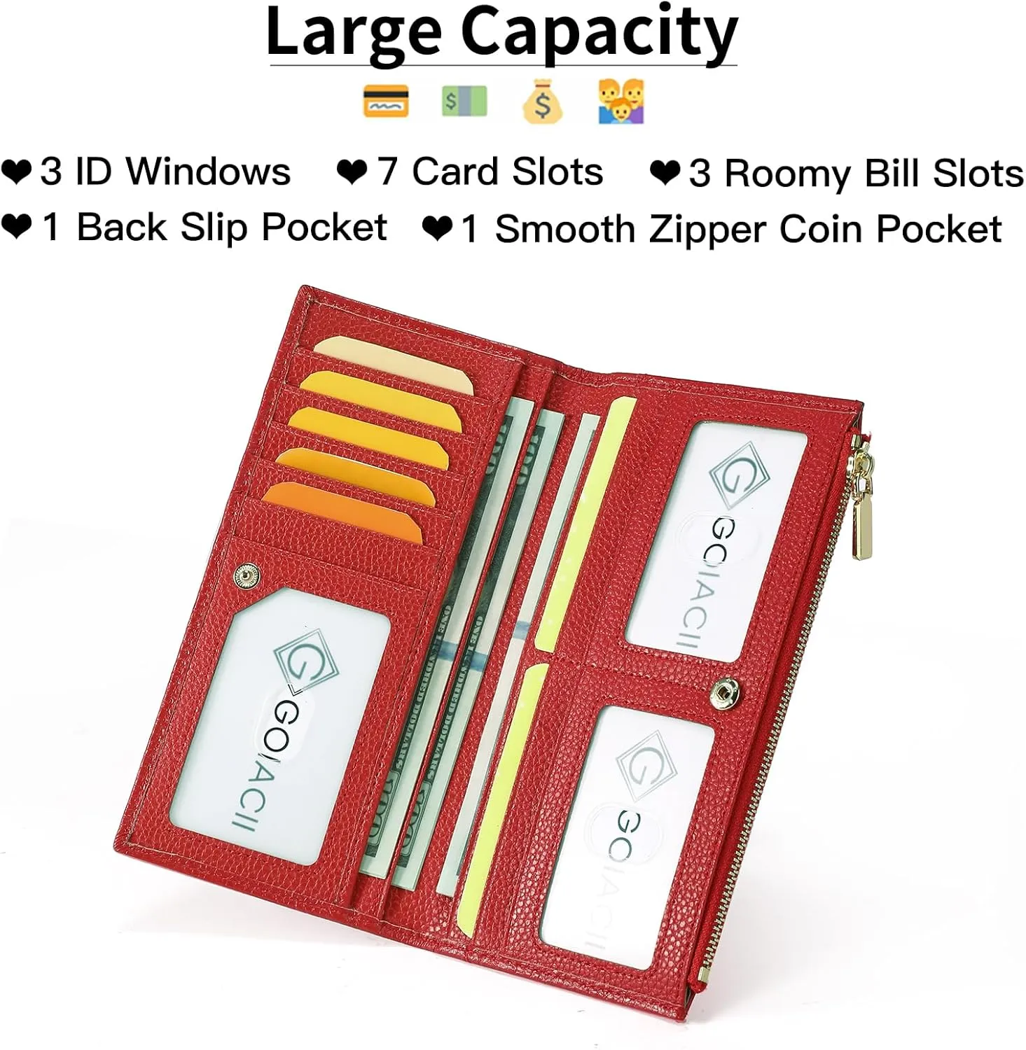GOIACII Slim Wallet for Women Rfid Blocking Credit Card Holder with Zip Pocket Bifold Leather Red