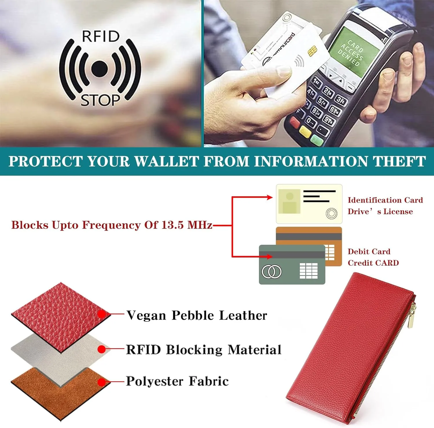GOIACII Slim Wallet for Women Rfid Blocking Credit Card Holder with Zip Pocket Bifold Leather Red