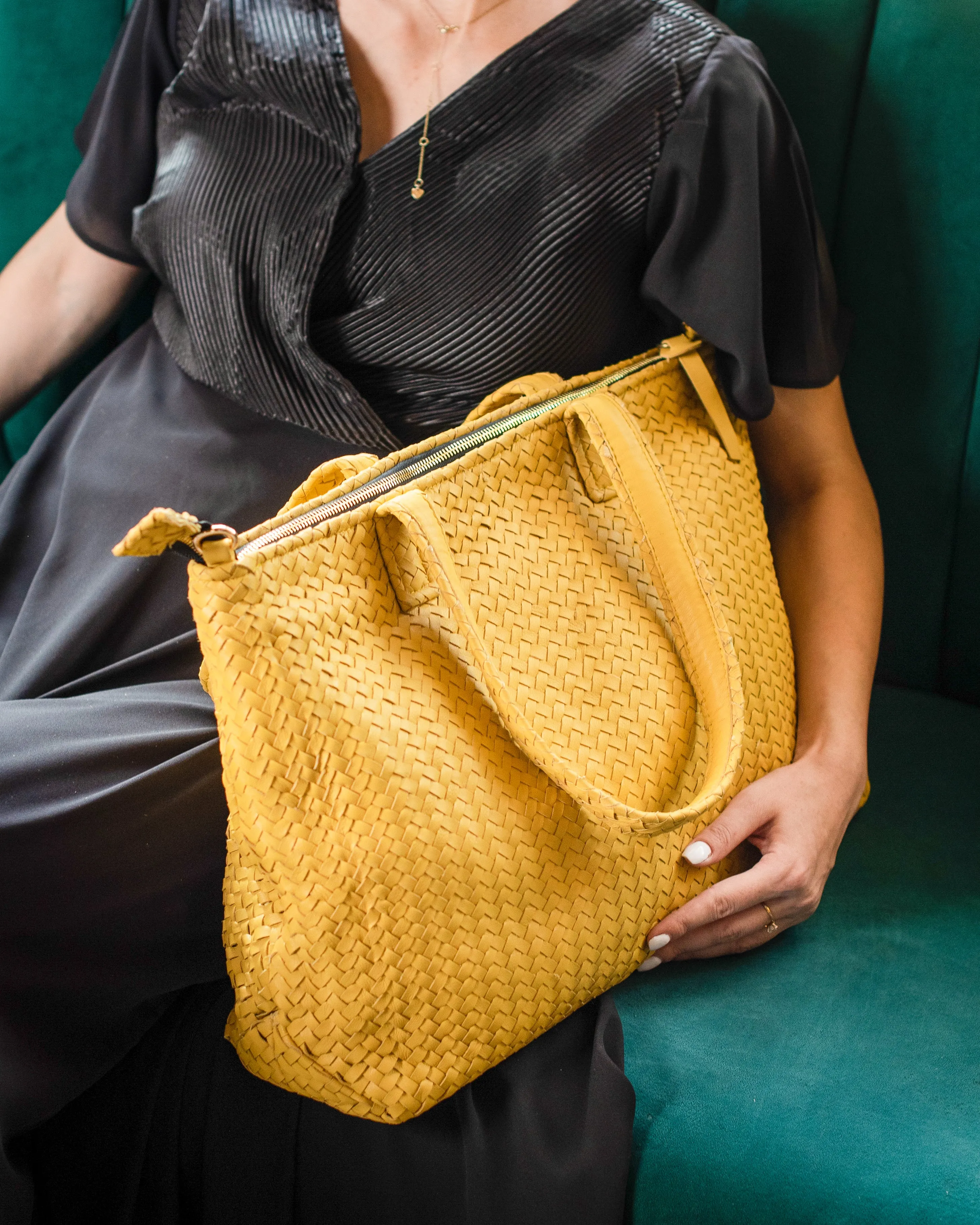 Handmade Woven Original Leather Bag With Zipper-Yellow