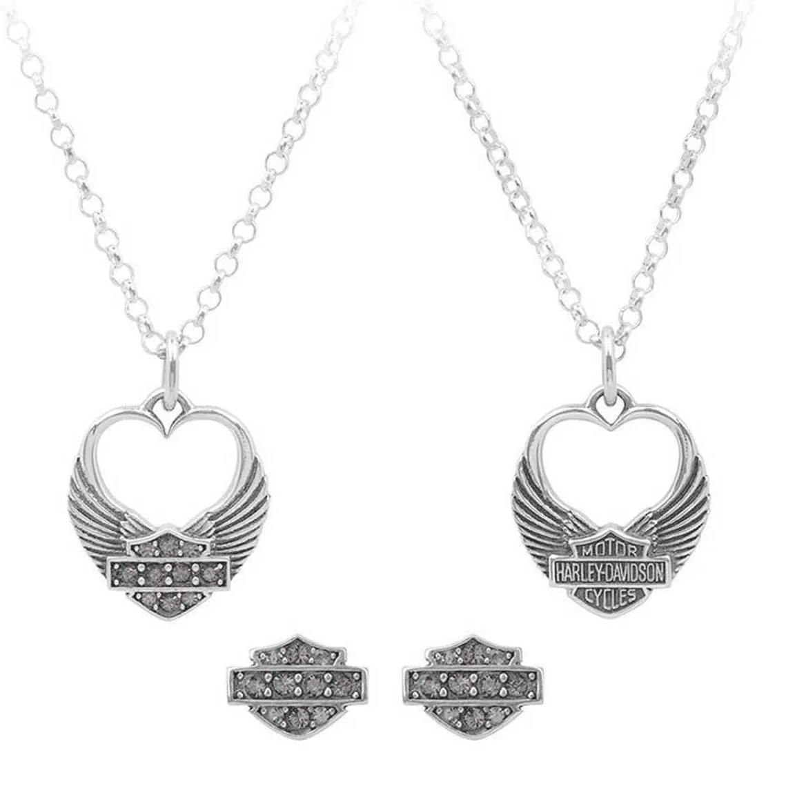 Harley-Davidson Women's Winged Heart Necklace & Earrings Gift Set, Silver HDS0004
