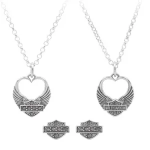 Harley-Davidson Women's Winged Heart Necklace & Earrings Gift Set, Silver HDS0004