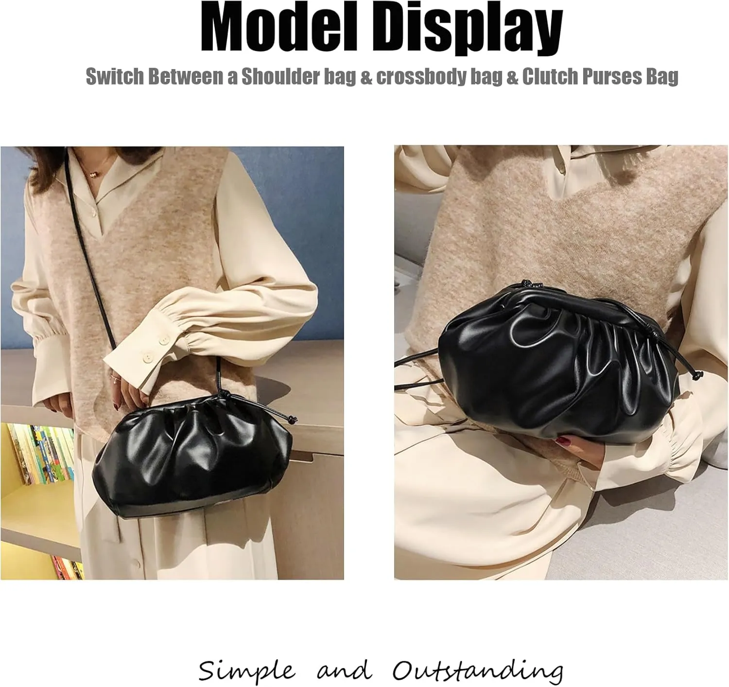 Leather Clutch Purses Bag for Women,Soft Cloud Crossbody Evening Bag Detachable Strap