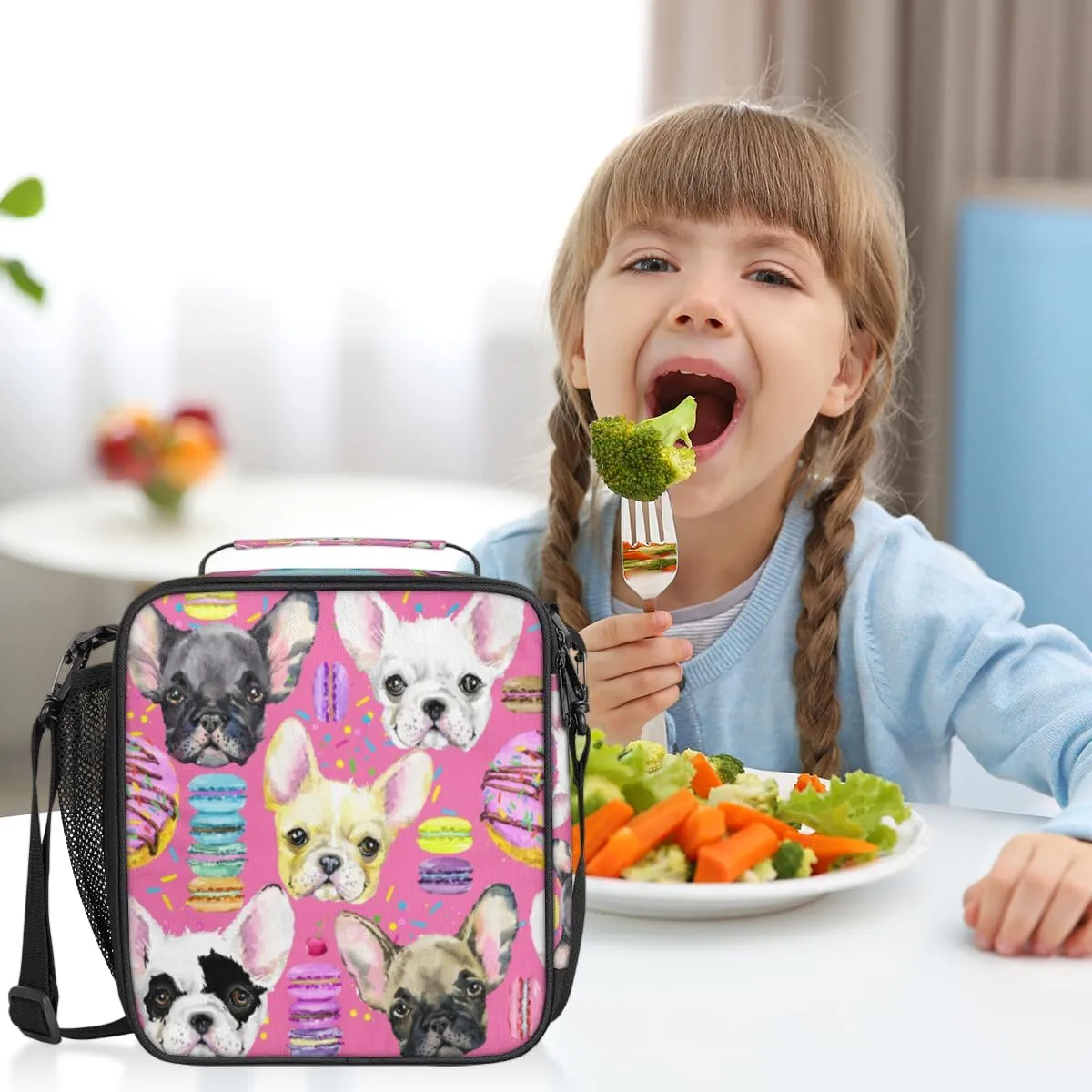 Lunch Box for Kids French Bulldog Macaron Lunch Bag for Girls Boys Insulated Freezable with Adjustable Shoulder Strap, Cooler Tote Bag for School Travel Picnic Beach