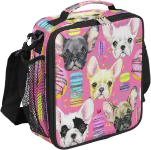 Lunch Box for Kids French Bulldog Macaron Lunch Bag for Girls Boys Insulated Freezable with Adjustable Shoulder Strap, Cooler Tote Bag for School Travel Picnic Beach