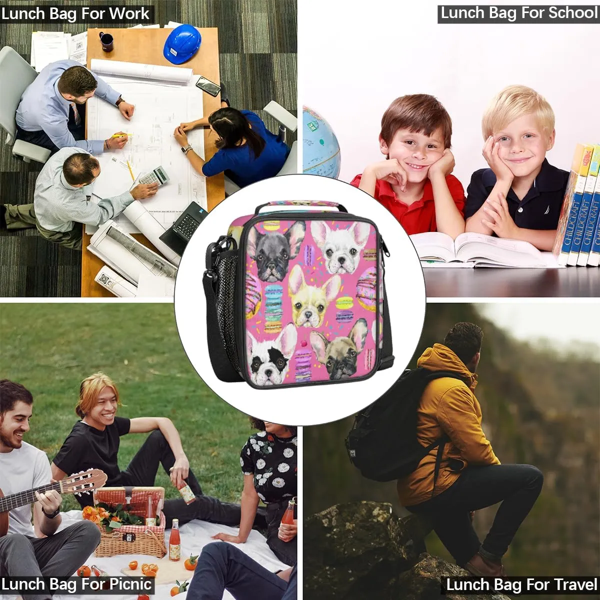Lunch Box for Kids French Bulldog Macaron Lunch Bag for Girls Boys Insulated Freezable with Adjustable Shoulder Strap, Cooler Tote Bag for School Travel Picnic Beach