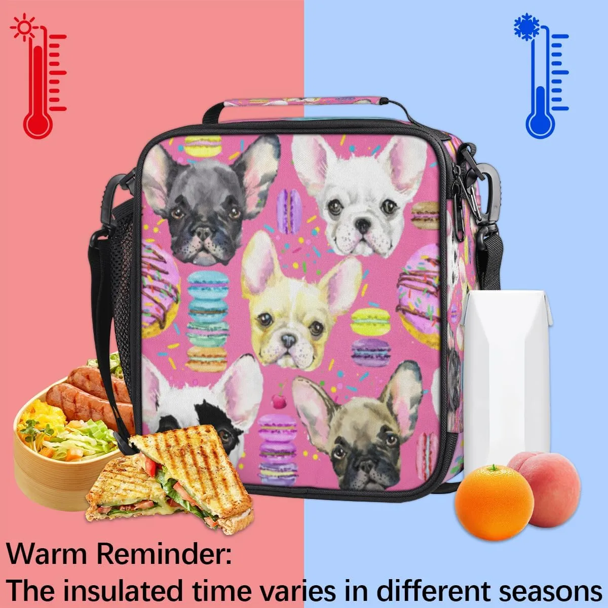 Lunch Box for Kids French Bulldog Macaron Lunch Bag for Girls Boys Insulated Freezable with Adjustable Shoulder Strap, Cooler Tote Bag for School Travel Picnic Beach