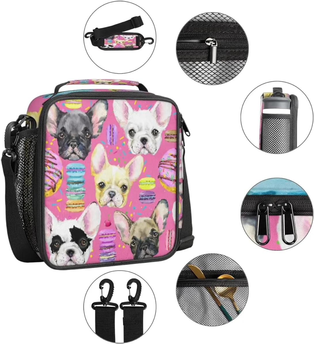 Lunch Box for Kids French Bulldog Macaron Lunch Bag for Girls Boys Insulated Freezable with Adjustable Shoulder Strap, Cooler Tote Bag for School Travel Picnic Beach