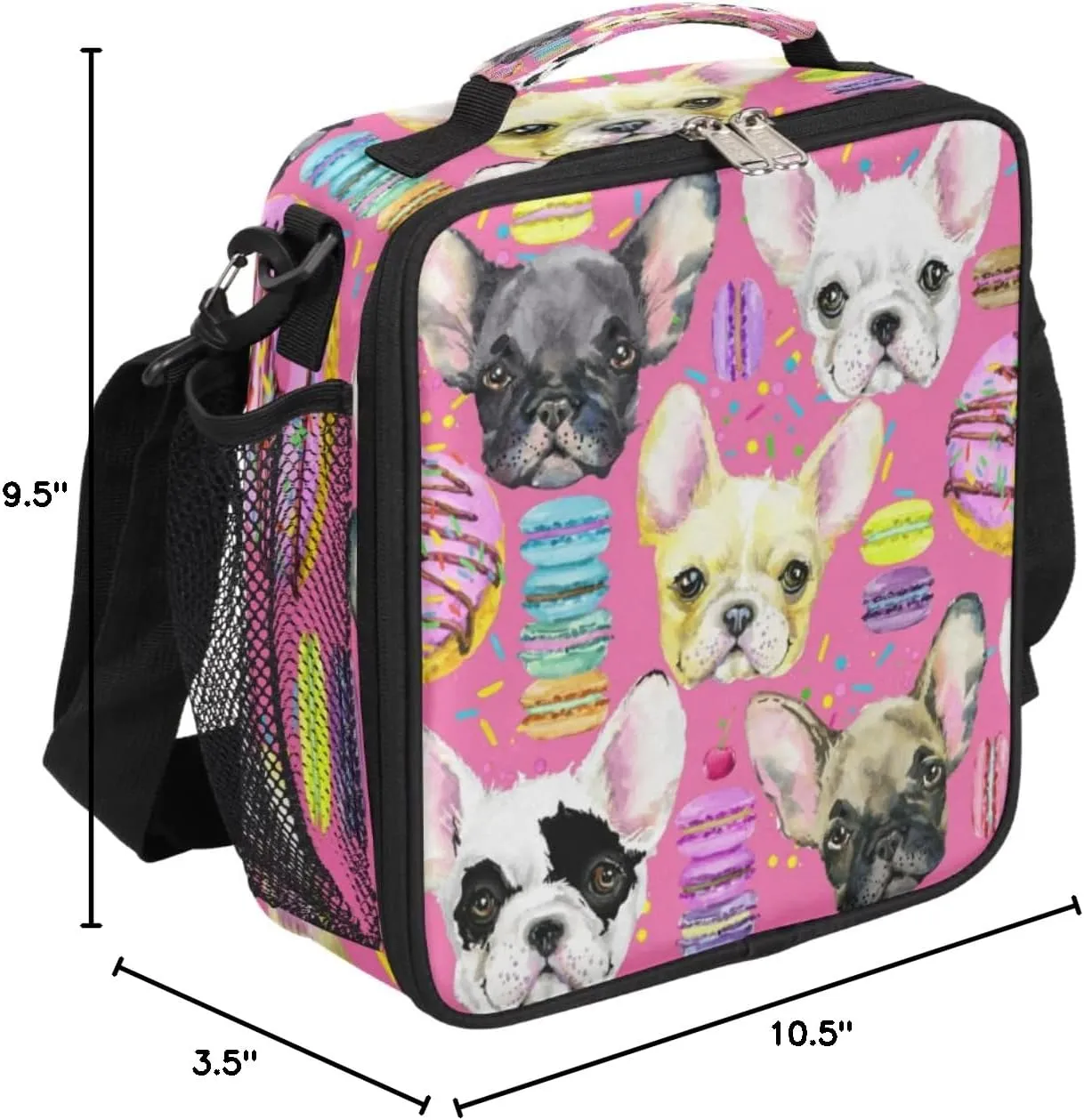 Lunch Box for Kids French Bulldog Macaron Lunch Bag for Girls Boys Insulated Freezable with Adjustable Shoulder Strap, Cooler Tote Bag for School Travel Picnic Beach