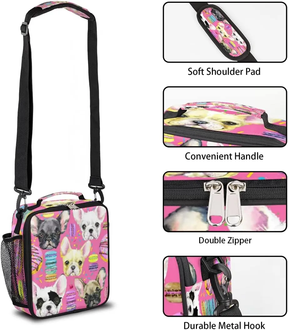 Lunch Box for Kids French Bulldog Macaron Lunch Bag for Girls Boys Insulated Freezable with Adjustable Shoulder Strap, Cooler Tote Bag for School Travel Picnic Beach