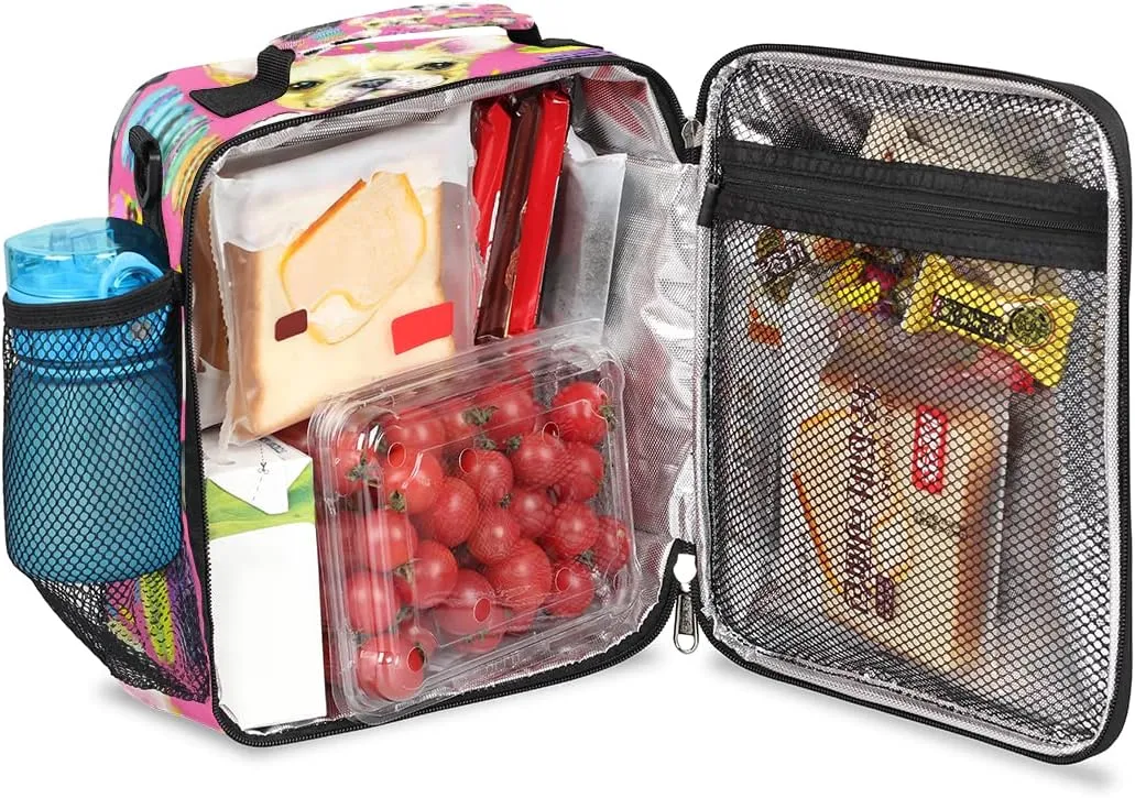 Lunch Box for Kids French Bulldog Macaron Lunch Bag for Girls Boys Insulated Freezable with Adjustable Shoulder Strap, Cooler Tote Bag for School Travel Picnic Beach