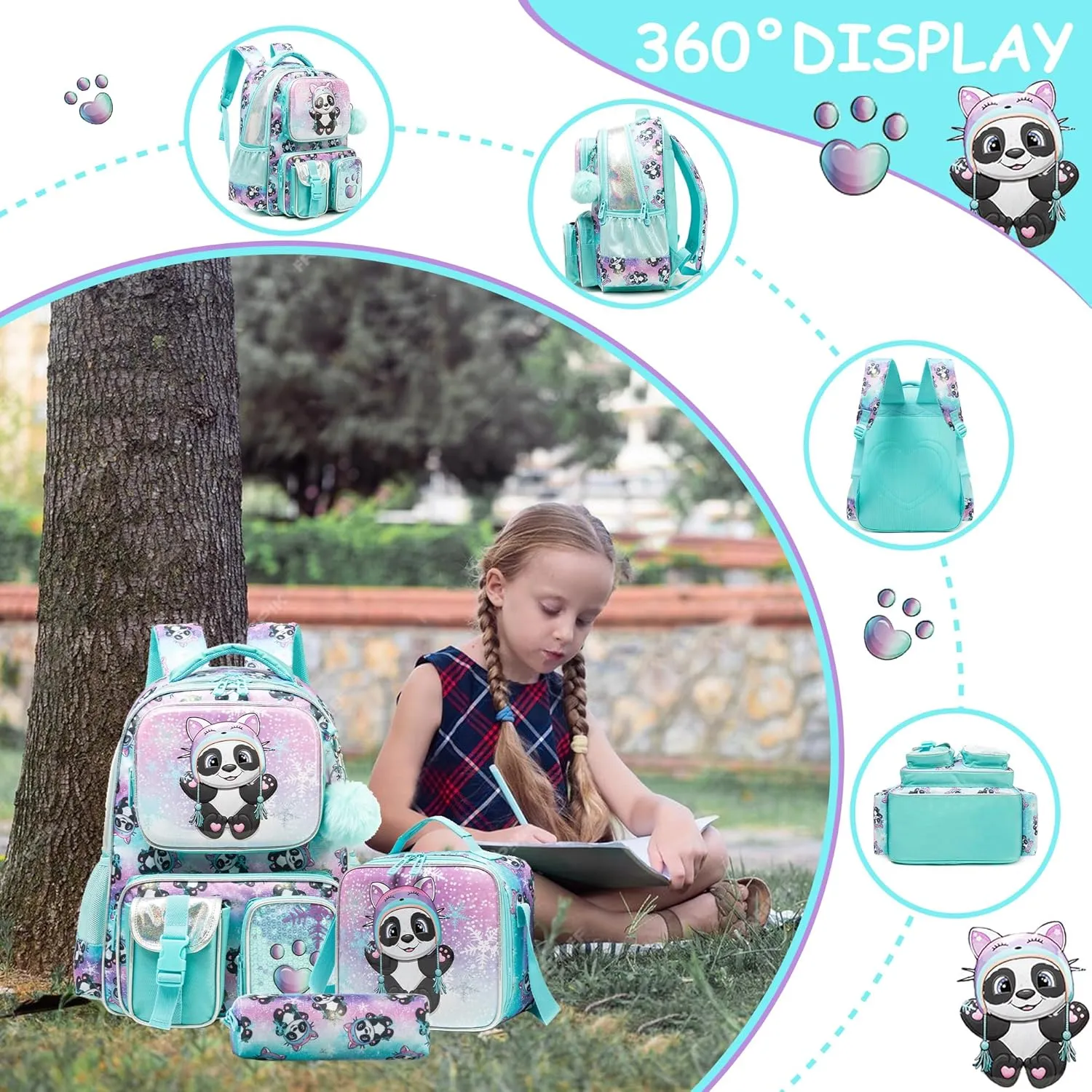 Meetbelify Backpacks for Girls Cute School Backpacks for Elementary Students Ages 8-10 Kids Aesthetic Travel Backpack Large Capacity Laptop Bookbag with Lunch Box 3 in 1 Backpack Set for Girls