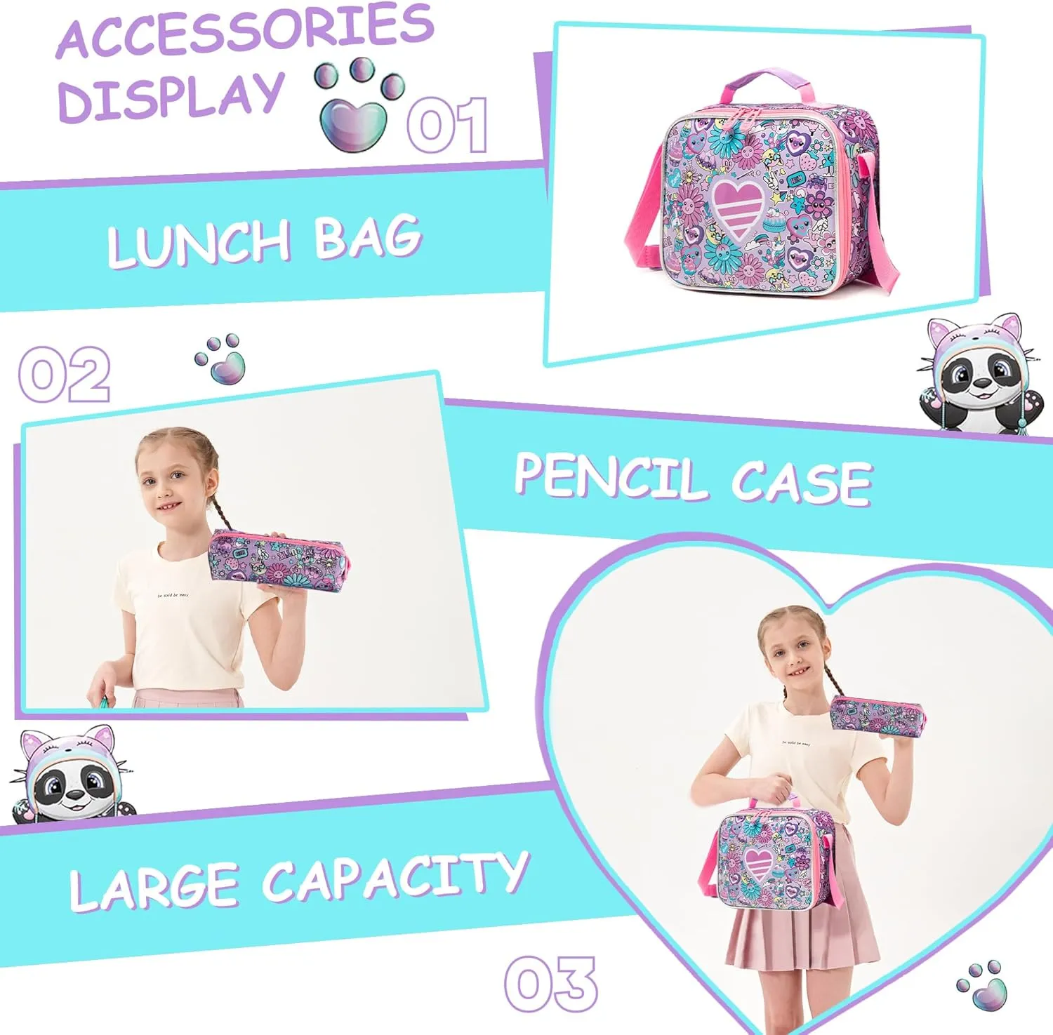 Meetbelify Backpacks for Girls Cute School Backpacks for Elementary Students Ages 8-10 Kids Aesthetic Travel Backpack Large Capacity Laptop Bookbag with Lunch Box 3 in 1 Backpack Set for Girls
