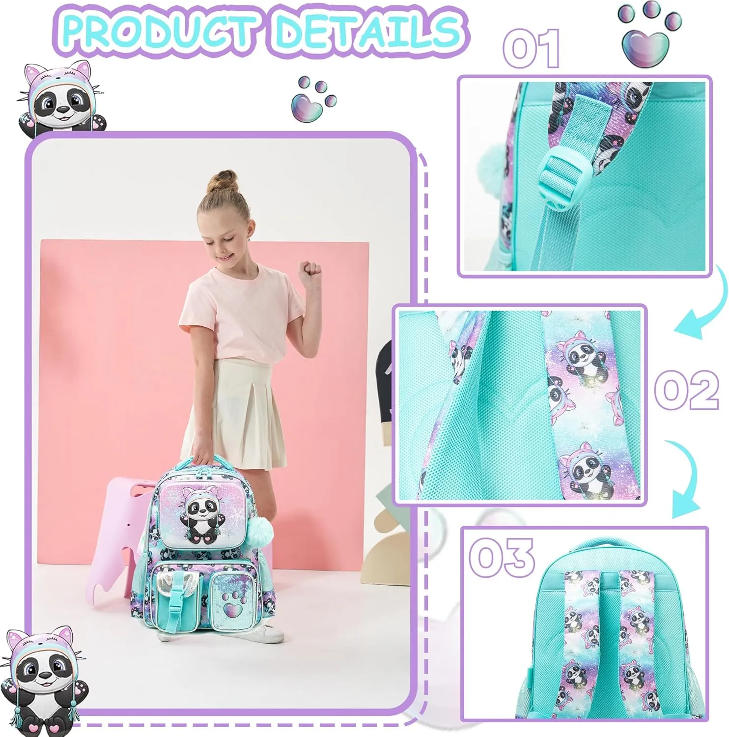 Meetbelify Backpacks for Girls Cute School Backpacks for Elementary Students Ages 8-10 Kids Aesthetic Travel Backpack Large Capacity Laptop Bookbag with Lunch Box 3 in 1 Backpack Set for Girls