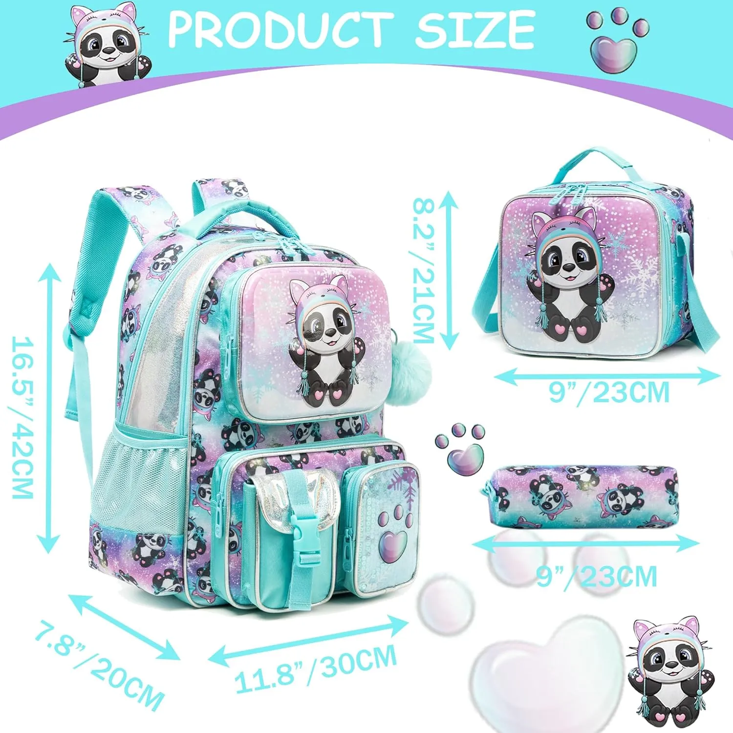 Meetbelify Backpacks for Girls Cute School Backpacks for Elementary Students Ages 8-10 Kids Aesthetic Travel Backpack Large Capacity Laptop Bookbag with Lunch Box 3 in 1 Backpack Set for Girls