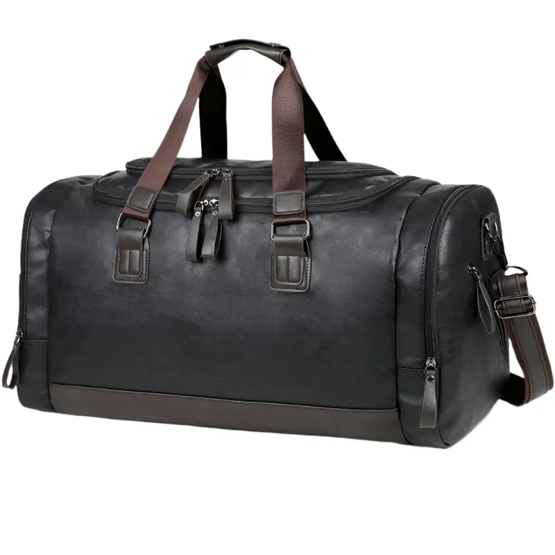 Men's Leather Business Travel Duffle Weekend Bag With Attachable Shoulder Strap