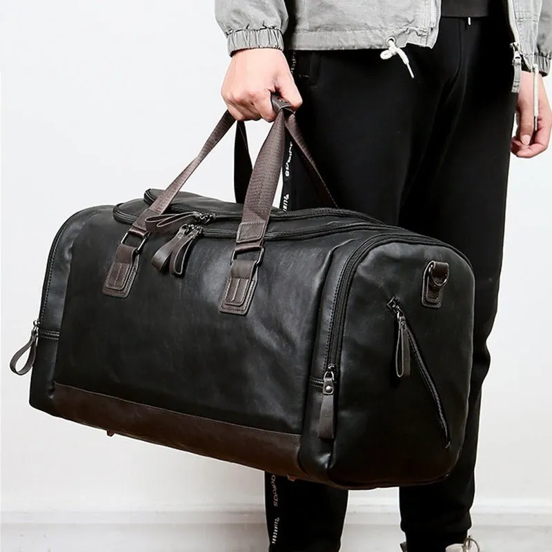 Men's Leather Business Travel Duffle Weekend Bag With Attachable Shoulder Strap