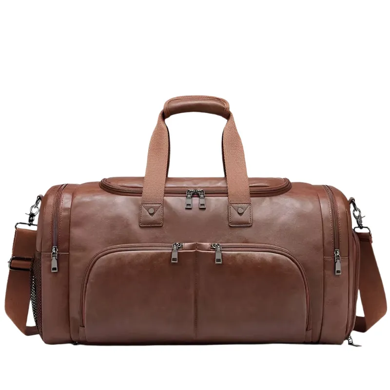 Men's Leather Business Travel Duffle Weekend Bag With Attachable Shoulder Strap