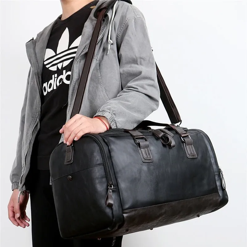 Men's Leather Business Travel Duffle Weekend Bag With Attachable Shoulder Strap
