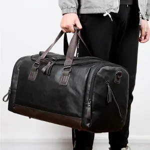 Men's Leather Business Travel Duffle Weekend Bag With Attachable Shoulder Strap