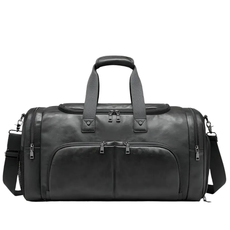 Men's Leather Business Travel Duffle Weekend Bag With Attachable Shoulder Strap