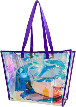 ONEART Clear Holographic Tote Bags, Iridescent Waterproof Top Handle Bag, Clear Jelly Totes Vocation Party Beach Bag