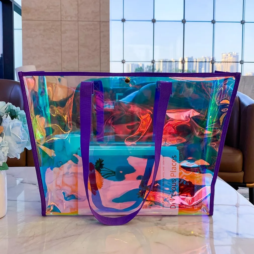 ONEART Clear Holographic Tote Bags, Iridescent Waterproof Top Handle Bag, Clear Jelly Totes Vocation Party Beach Bag