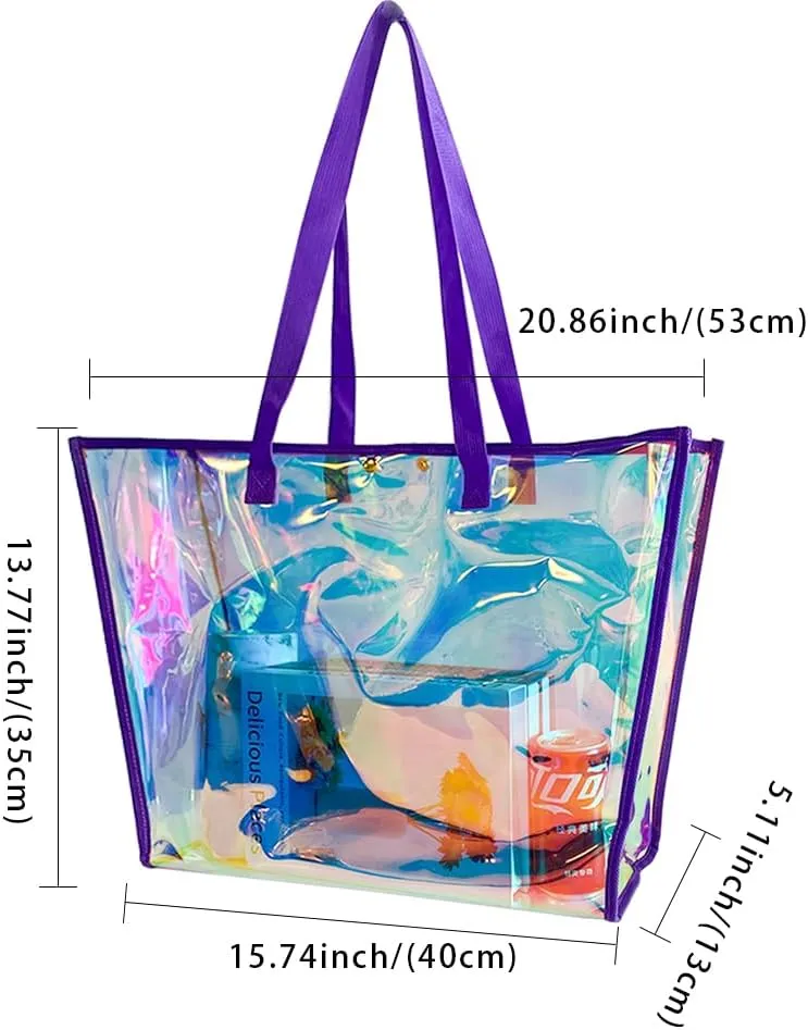 ONEART Clear Holographic Tote Bags, Iridescent Waterproof Top Handle Bag, Clear Jelly Totes Vocation Party Beach Bag
