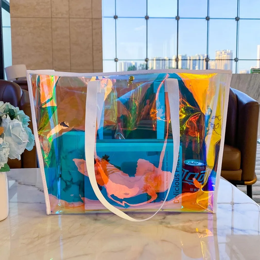 ONEART Clear Holographic Tote Bags, Iridescent Waterproof Top Handle Bag, Clear Jelly Totes Vocation Party Beach Bag