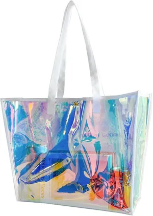 ONEART Clear Holographic Tote Bags, Iridescent Waterproof Top Handle Bag, Clear Jelly Totes Vocation Party Beach Bag