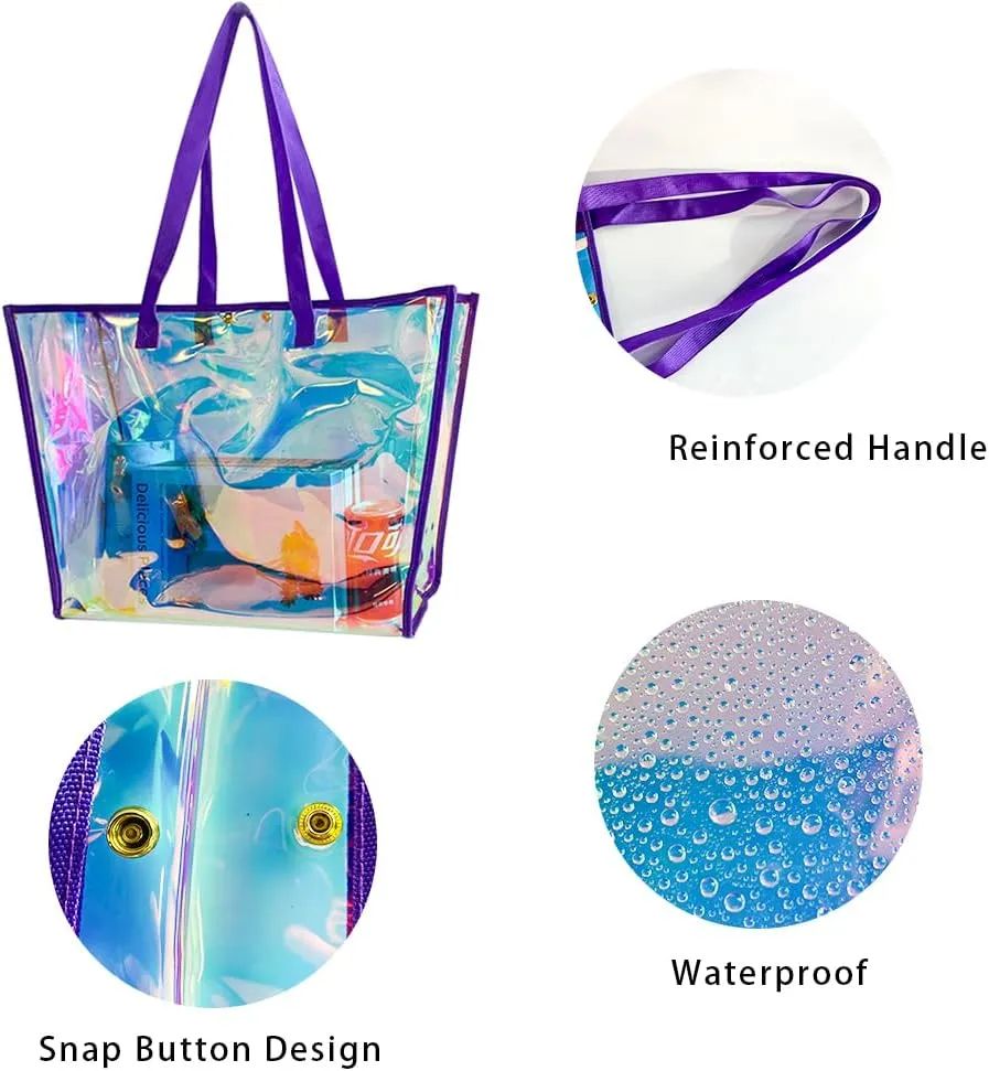 ONEART Clear Holographic Tote Bags, Iridescent Waterproof Top Handle Bag, Clear Jelly Totes Vocation Party Beach Bag