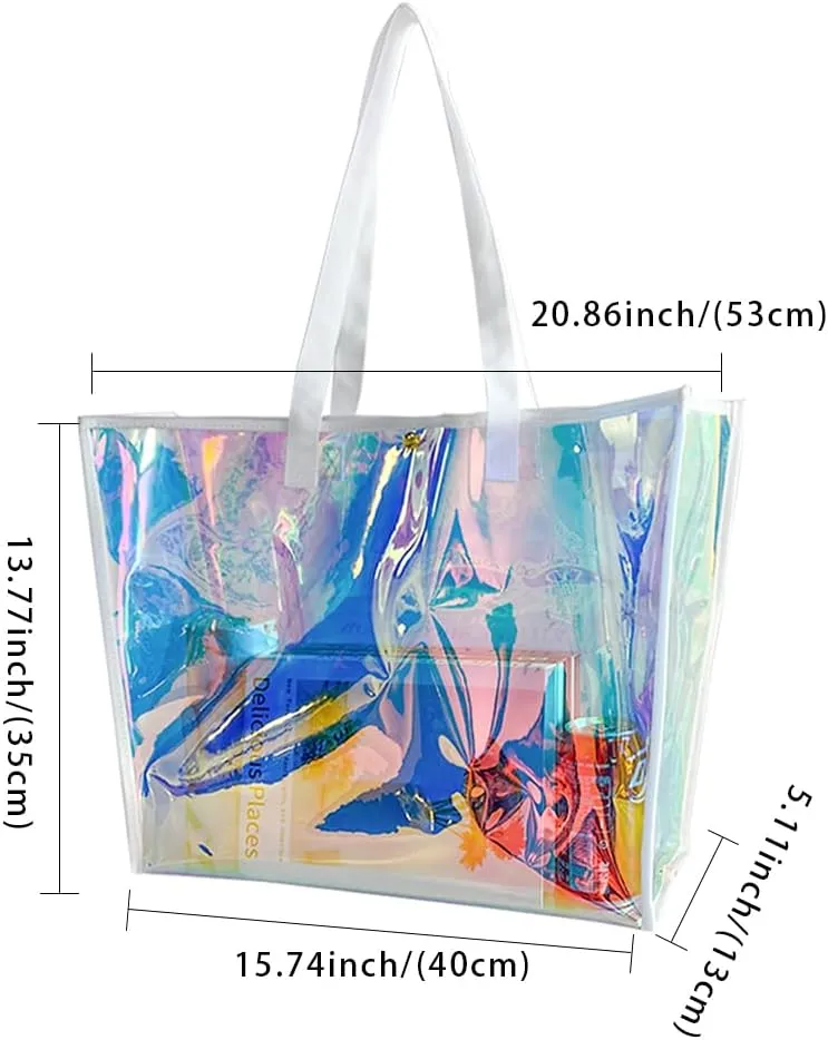 ONEART Clear Holographic Tote Bags, Iridescent Waterproof Top Handle Bag, Clear Jelly Totes Vocation Party Beach Bag