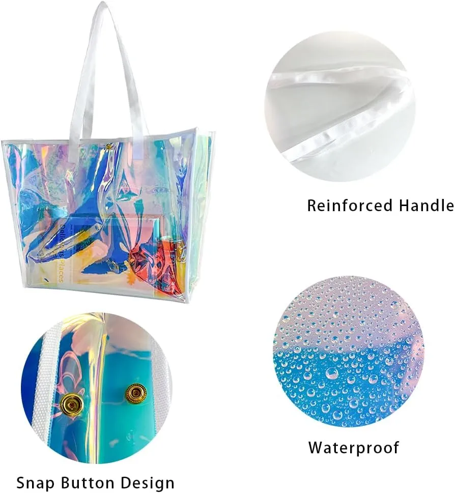 ONEART Clear Holographic Tote Bags, Iridescent Waterproof Top Handle Bag, Clear Jelly Totes Vocation Party Beach Bag