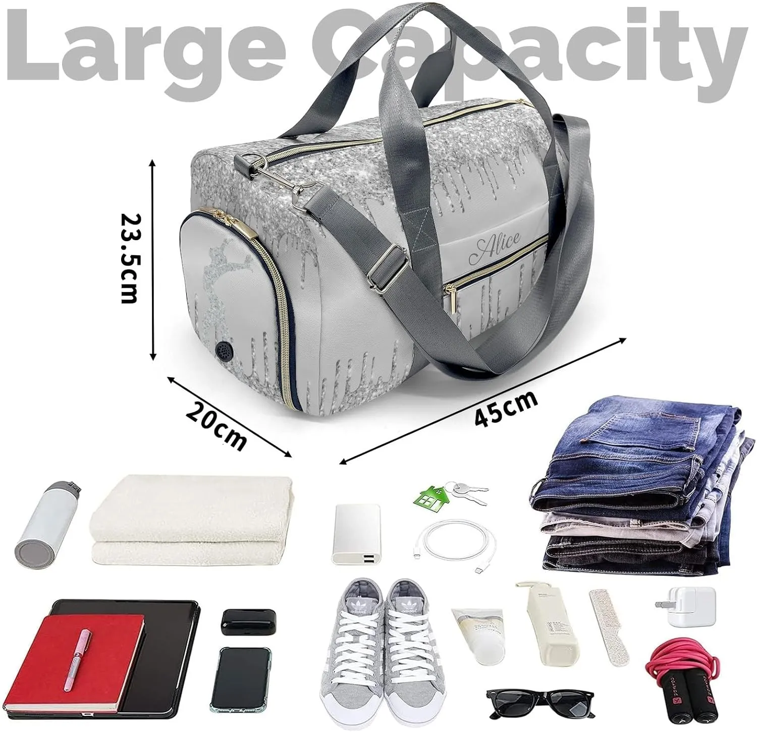 Personalized Name Duffel Bag Grey Gymnast Drop Glitter Ultimate Travel Bags: Your Companion for Every Adventure