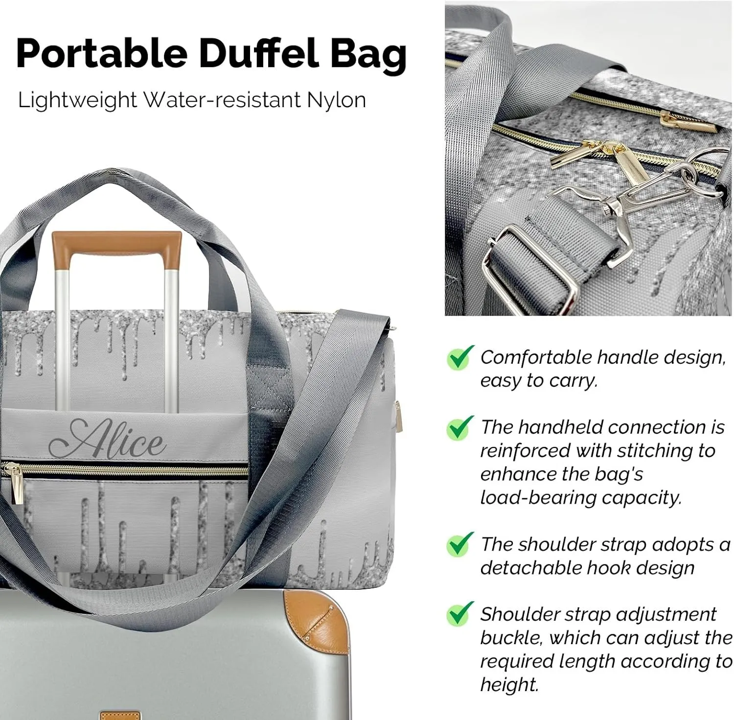 Personalized Name Duffel Bag Grey Gymnast Drop Glitter Ultimate Travel Bags: Your Companion for Every Adventure
