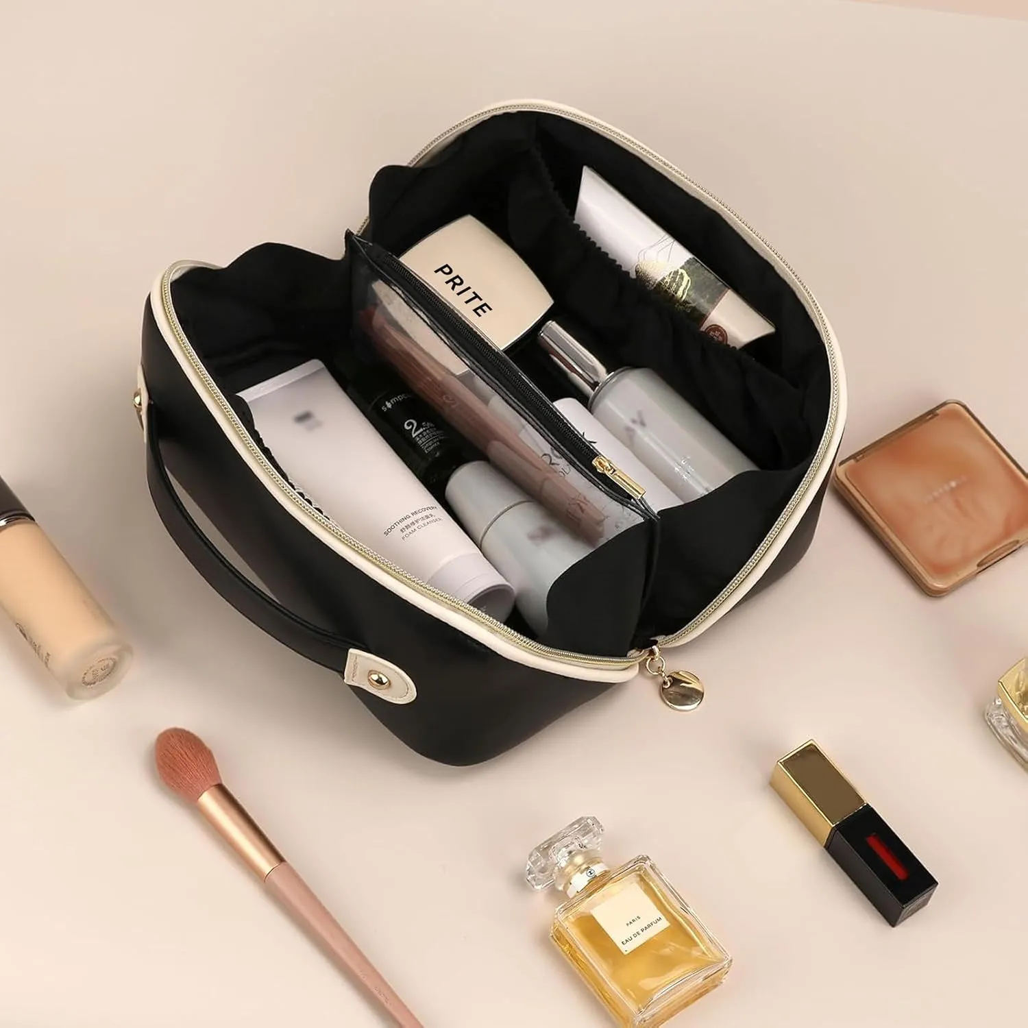 Prite Makeup Bag for Women Travel Waterproof Vegan Leather Cosmetic Bag Open Flat Toiletry Bag With Clear Divider and Handle (Large Black)