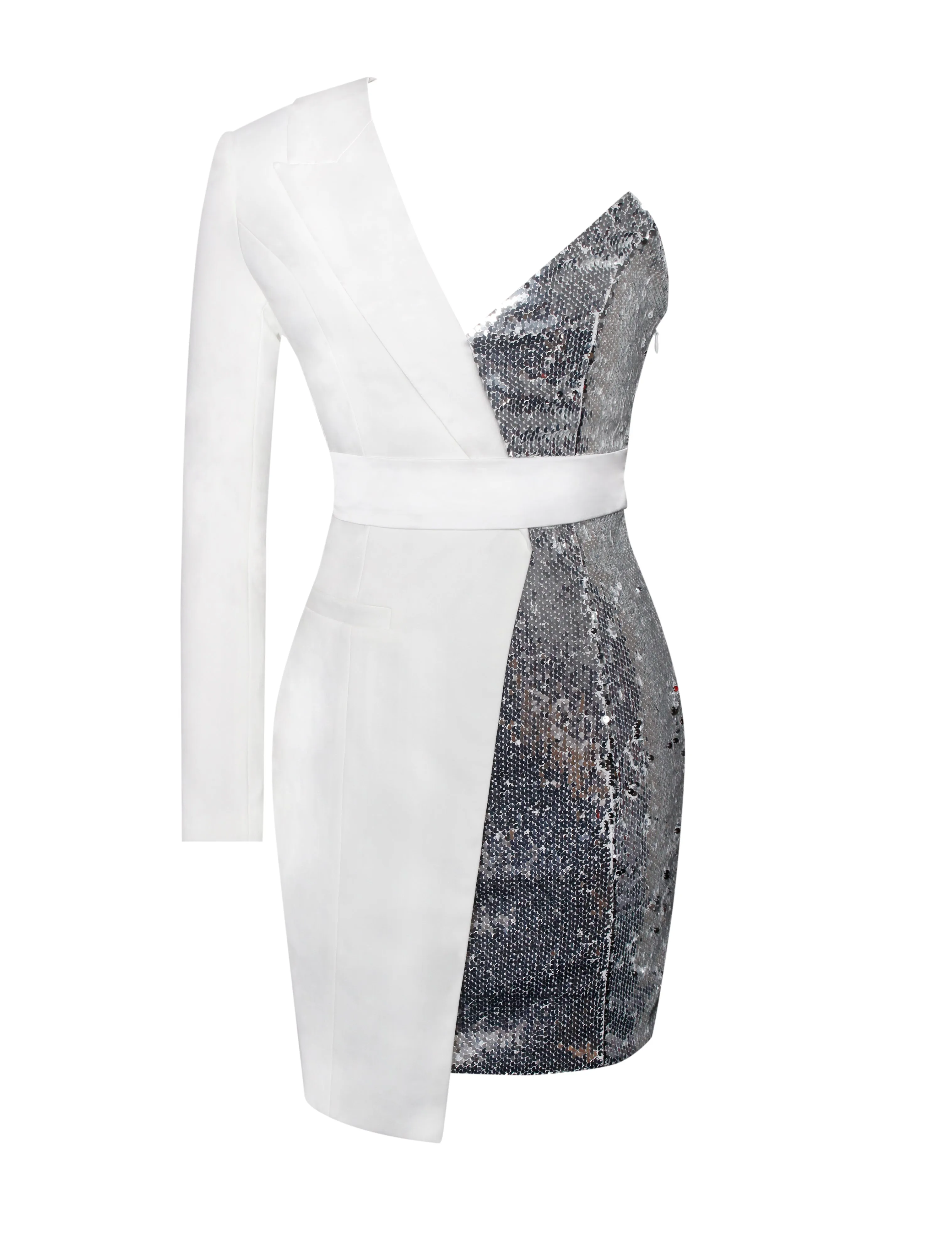 Silver Night White Sequin Graceful Crepe Tuxedo Blazer Dress