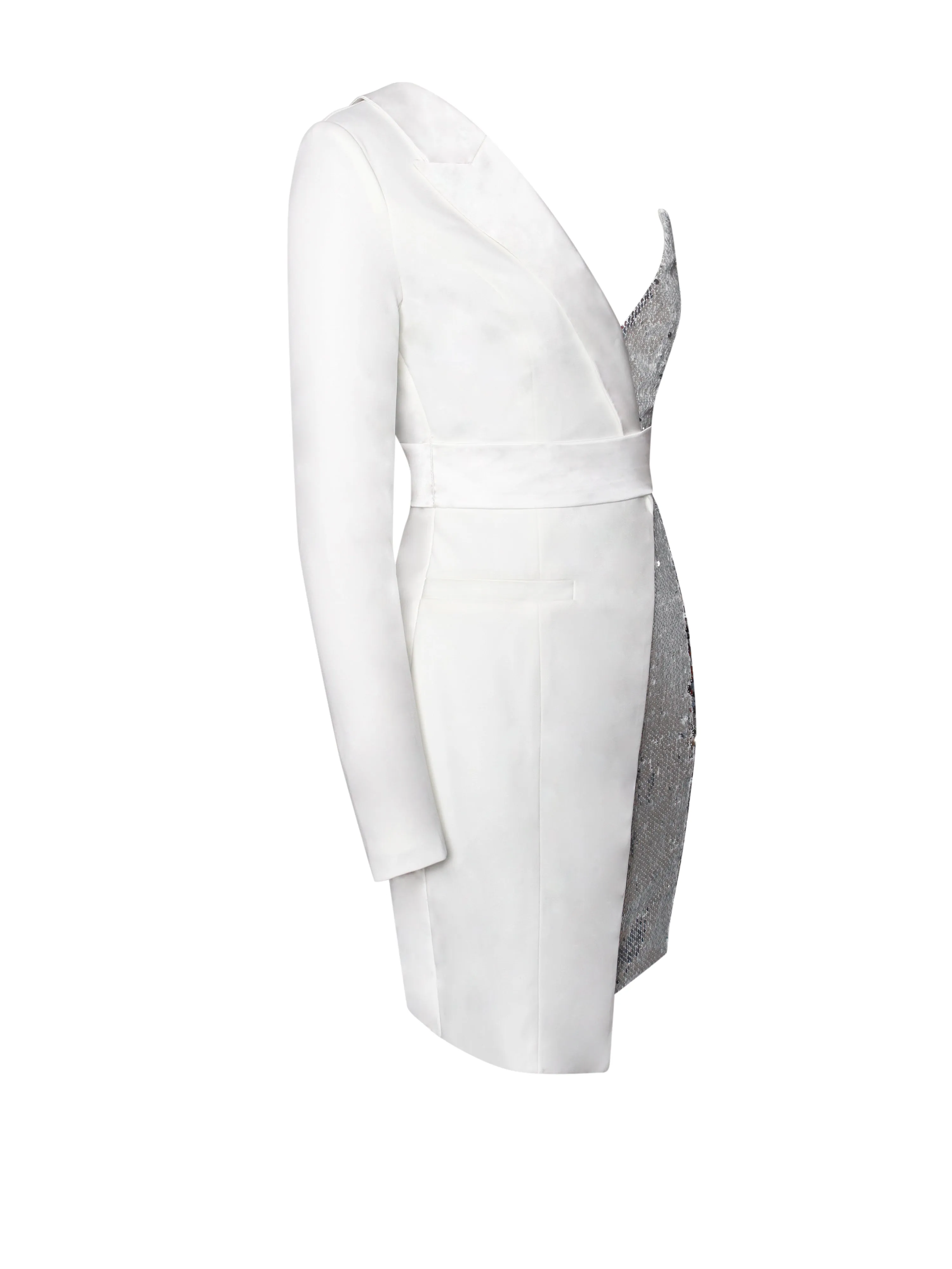 Silver Night White Sequin Graceful Crepe Tuxedo Blazer Dress
