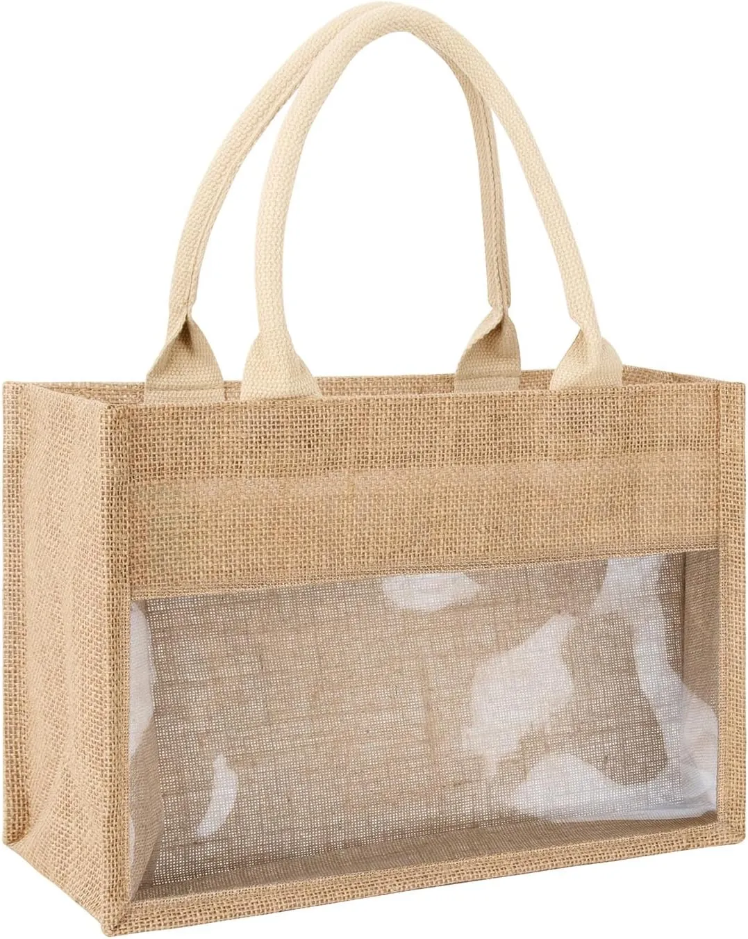 TopTie Jute Tote Bag Spliced Transparent Film Beach Bag Bridesmaid Proposal Bag Burlap Shopping Bag