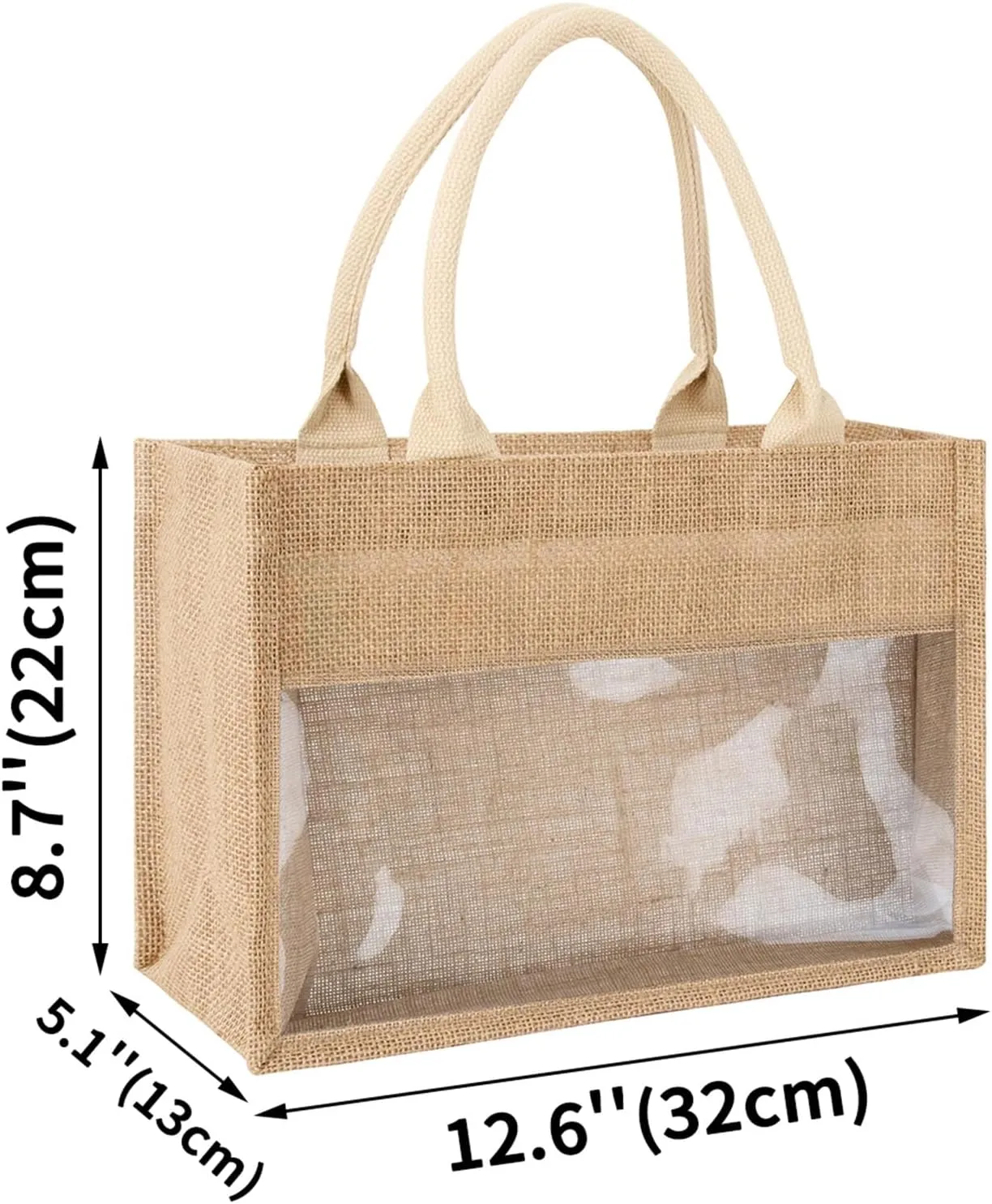 TopTie Jute Tote Bag Spliced Transparent Film Beach Bag Bridesmaid Proposal Bag Burlap Shopping Bag