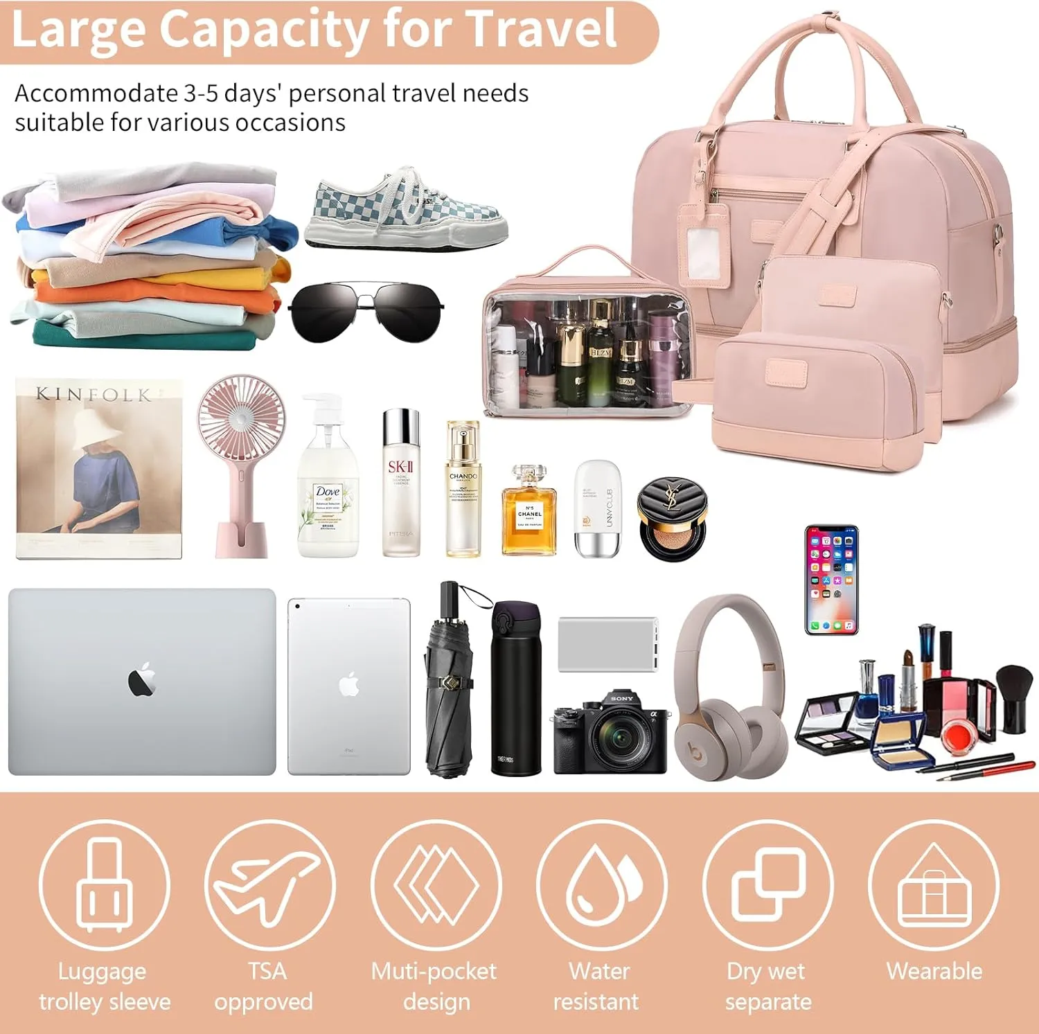 Wogarl Weekender Bags for Women Large Overnight Bag Weekend Travel Duffel Bag Carry on Shoulder with Shoe Compartment Toiletry Bag for Travel Business Gym