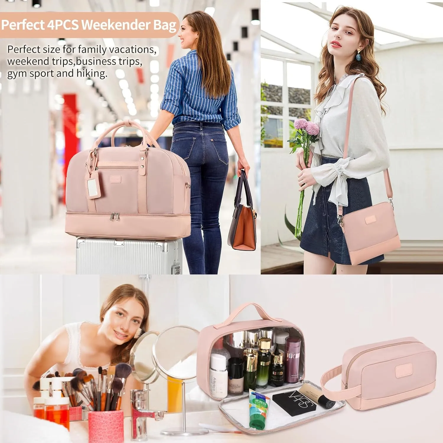 Wogarl Weekender Bags for Women Large Overnight Bag Weekend Travel Duffel Bag Carry on Shoulder with Shoe Compartment Toiletry Bag for Travel Business Gym